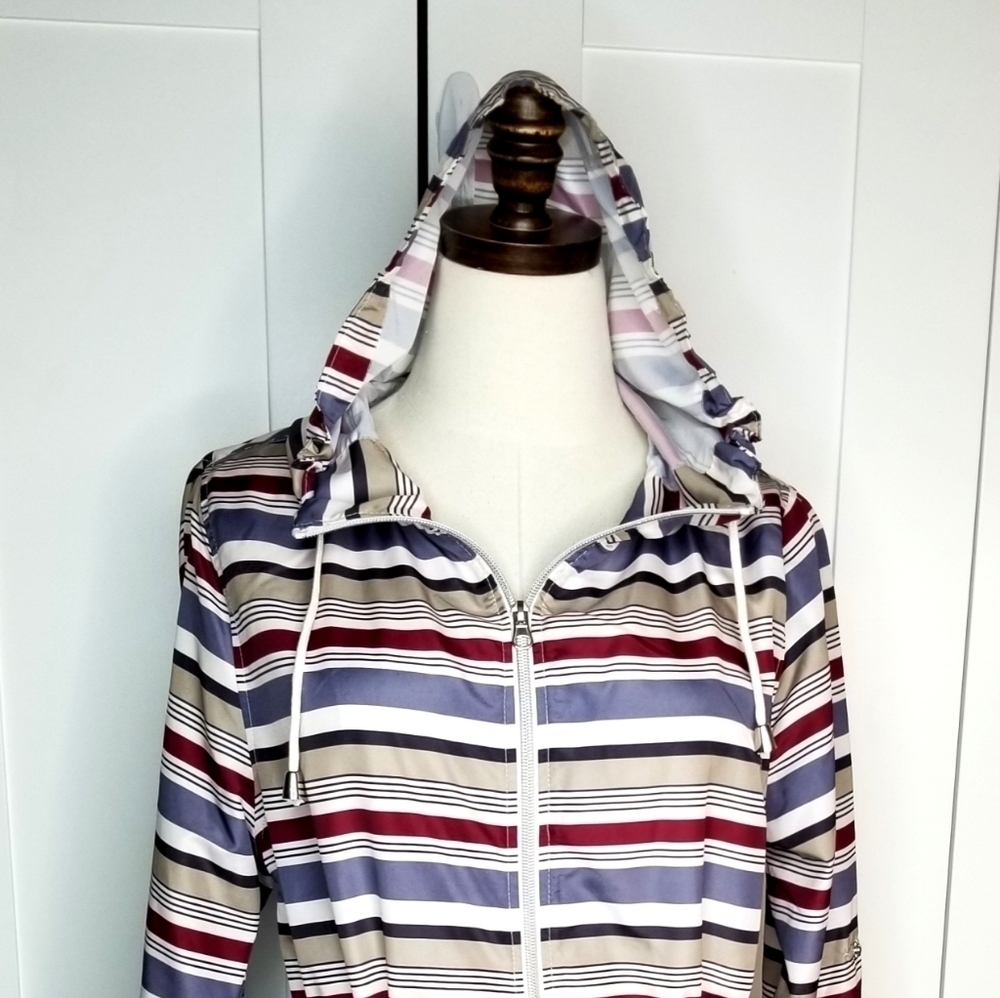 Atmosphere Women's White Tan Purple Stripes Roll-up Sleeve Hooded Windbreaker, S - Picture 3 of 11
